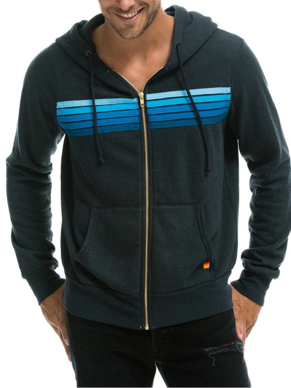 Aviator Nation 5 Stripe Hoodie Charcoal/ Blue Sz M